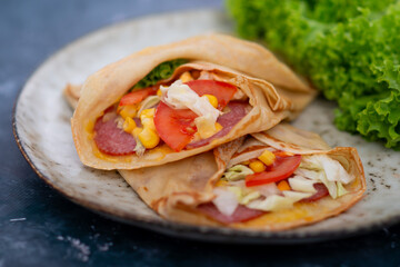 Complete homemade breakfast with American pancakes, brunch, bacon and hash browns