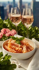 Artisanal pasta dish with wine rooftop setting food bright background overhead view culinary art