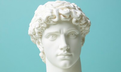 Obraz premium White Greek statue headshot of a male figure against a Light blue background, in the vaporwave style with a plasticine look and feel.