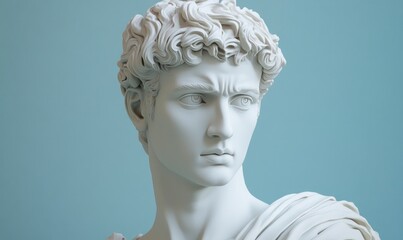 White Greek statue headshot of a male figure against a Light blue background, in the vaporwave style with a plasticine look and feel.