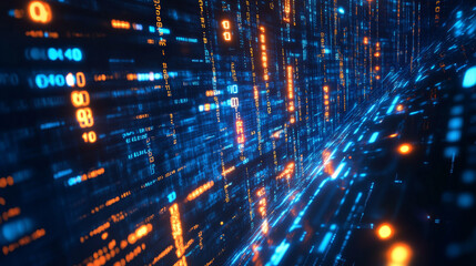 Fototapeta premium data highway concept visualization with binary program code and glowing fibres on dark background 3d render illustration