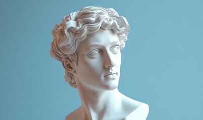 White Greek statue headshot of a male figure against a Light blue background, in the vaporwave style with a plasticine look and feel.
