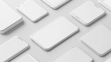 Mockup of white mobile phone blank in different orientations 3d render illustration