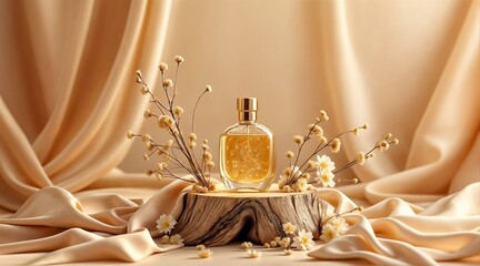 Elegant Perfume Bottle on Wooden Podium with Silk and Flowers