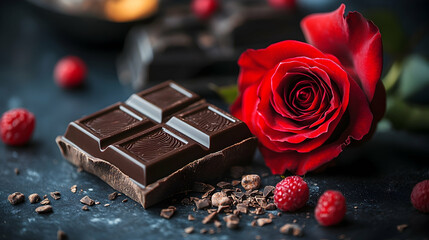 Dark chocolate, red rose, raspberries, romantic setting, Valentine's Day