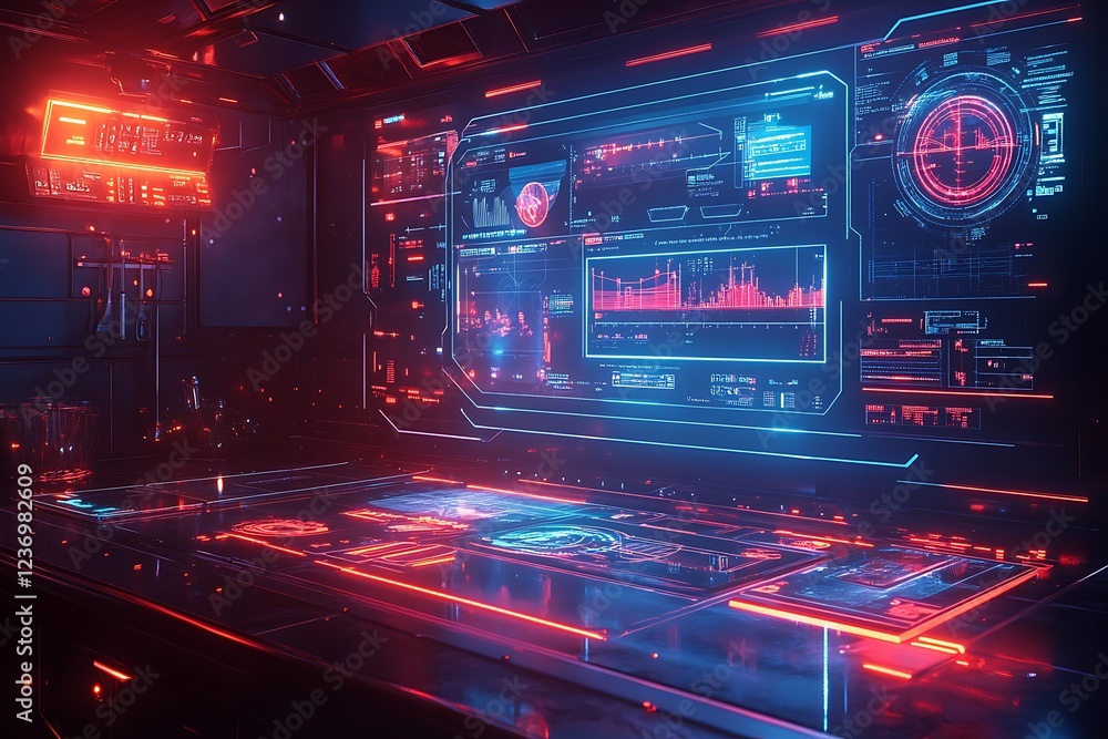 Poster futuristic control room with red and blue neon lights, displaying data on large screen and interacti
