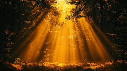 Golden Rays of Sunlight Piercing Through a Mystical Forest