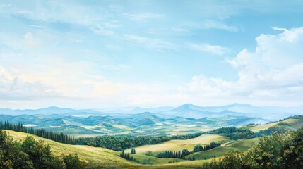 Obraz premium Ethereal landscape painting of soft hills and gentle skies in calming hues invoking peace nature environment wide angle view