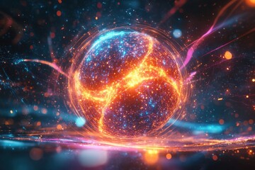 Obraz premium Dynamic cosmic energy sphere digital realm abstract art vibrant colors wide angle concept of creation