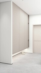 The image showcases a minimalist hallway with beige cabinetry, a soft light highlighting a pair of white high heels on the floor, and a door leading to another room, all on light flooring