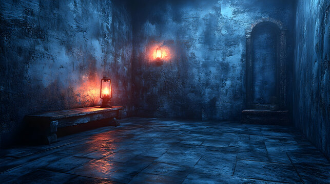 Dark dungeon room, lanterns, stone walls, mystery, horror game background