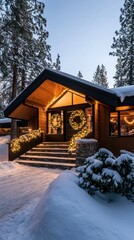 Cozy winter cabin decorated with wreaths and lights snowy forest holiday scene evening glow inviting atmosphere for festive celebrations