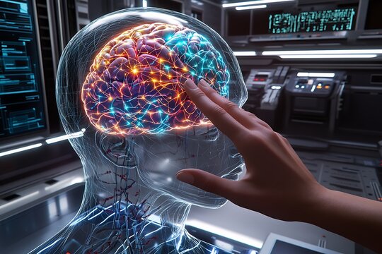 Ultra-realistic 3D visualization of a hand touching a holographic head with a brain displaying vibrant neural networks, in a high-tech environment.