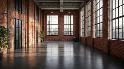 empty industrial style studio red wood tile plank wall and dark concrete floor with reflections and spot lights 3d render illustration