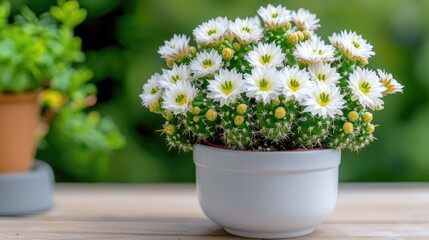 Fototapeta premium Blooming cactus in pot, outdoor setting, blurred background, garden decor