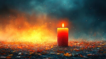 Single Burning Candle in a Mystical Autumn Night