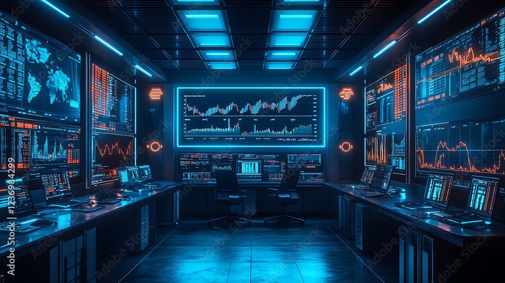 Poster futuristic trading room with multiple monitors displaying financial data and charts.
