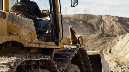 An intimate view of a heavy equipment operator in a bulldozer cab, leveling ground on a highway construction site, Highway construction scene