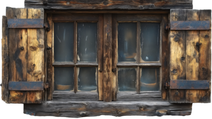 Rustic Wooden Window Weathered Shutters, Vintage Brown Frame for Rural Homes, isolated on transparent background.