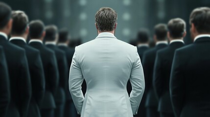 Fototapeta premium Person in white suit contrasts with group in black suits