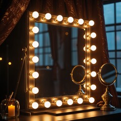 Hollywood-style vanity mirror with warm glowing lights in an elegant dressing room
