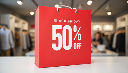 Prominent Black Friday discount bag in modern retail setting, savings