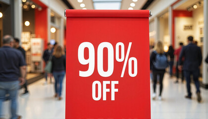 Red sale banner displaying 90% off in busy retail environment, shopping