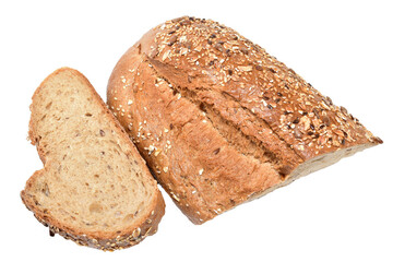 Half a loaf of whole grain bread and a piece cut off from the bread.