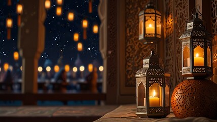 Close-up of illuminated lantern on table against Islamic mosque lantern Muslim Ramadan background wallpaper 