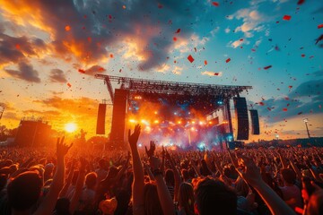 Energetic music festival celebration outdoor venue live performance sunset atmosphere crowd perspective vibrant experience