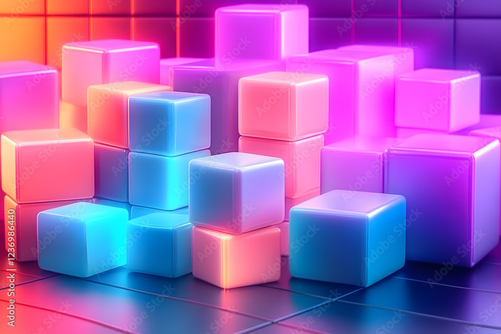 Poster a gradient background with glowing 3d blocks stacked in a grid, each representing various web3 eleme