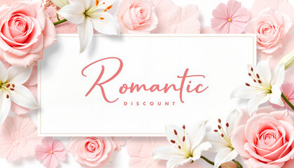 Elegant romantic floral discount label design with soft roses and lilies, promotional aesthetics