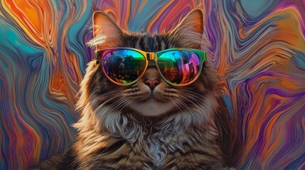 Fototapeta premium Cat wearing colorful disco sunglasses on party composition background
