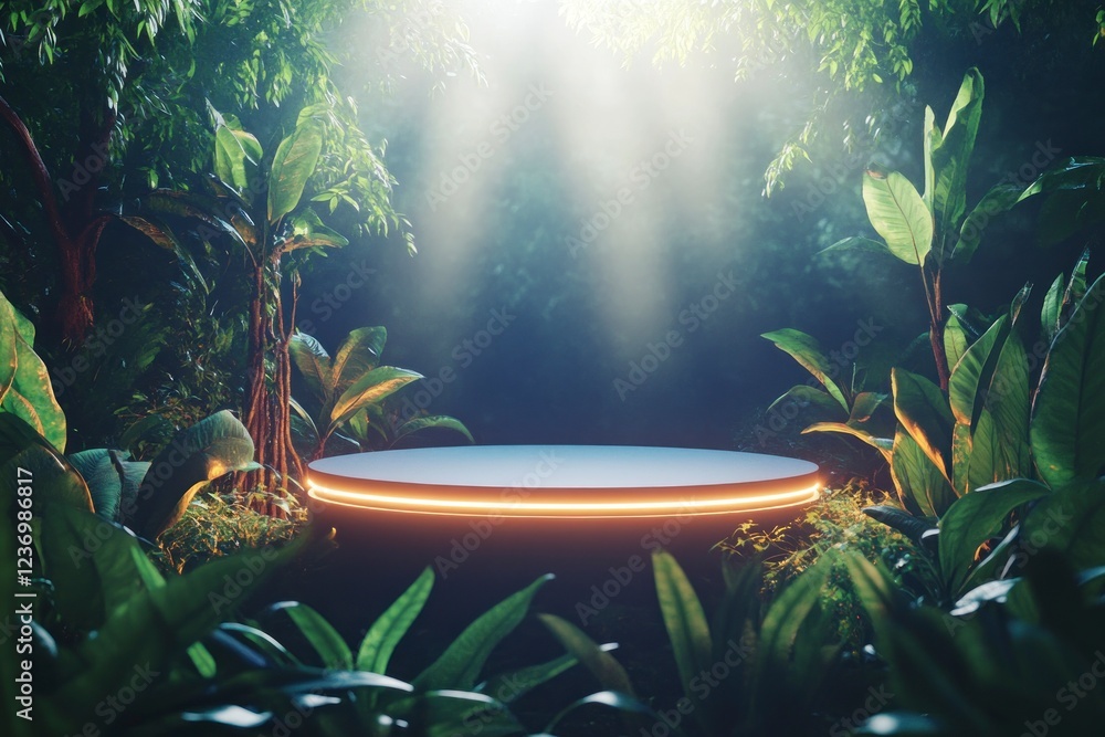 Aufkleber 3d rendering of an empty circular podium surrounded by jungle foliage, with light shining down on it