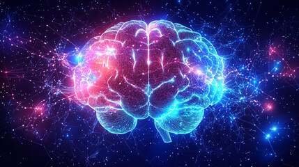 A glowing human brain with intricate neural connections illuminated by electric blue and purple synapses, symbolizing cognitive activity