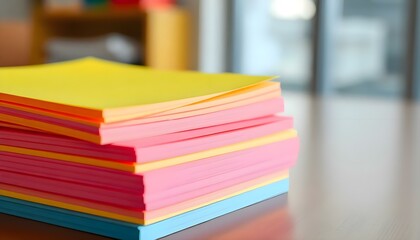 a stack of colored papers sitting on top of a wooden table