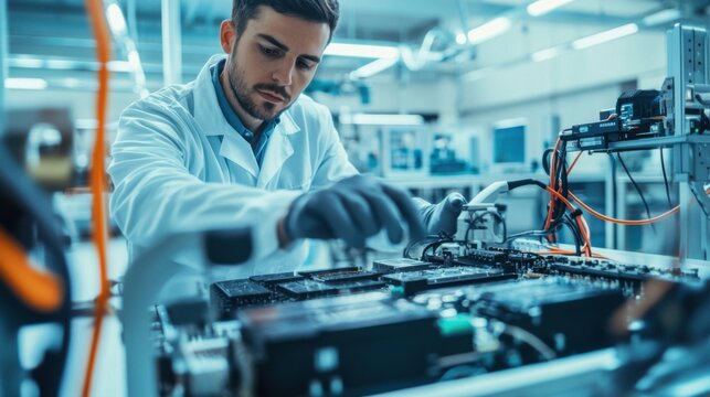 An automotive engineer testing electric vehicle batteries in a laboratory, with battery cells and testing equipment visible, Battery testing lab scene