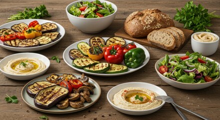 A beautifully presented vegetarian feast on a rustic wooden table, featuring roasted eggplant, zucchini, bell peppers and mushrooms, along with a variety of fresh salads, hummus and handmade whole gra
