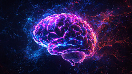 A glowing human brain with intricate neural connections illuminated by electric blue and purple synapses, symbolizing cognitive activity