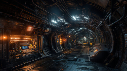 futuristic dark industrial grunge basement with pipes and glowing light 3d render illustration