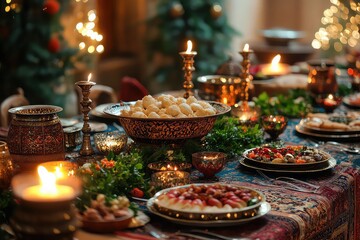 Fototapeta premium Eid holiday table adorned with traditional fabrics and intricate patterns