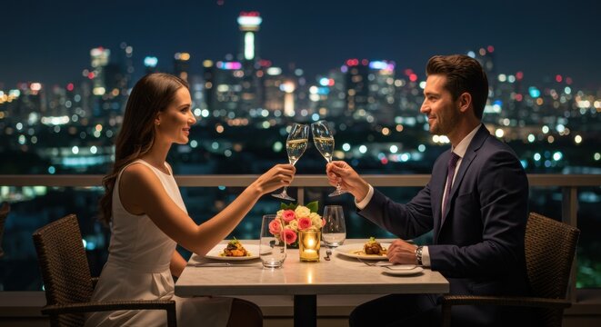 A couple celebrates their anniversary at an upscale rooftop restaurant overlooking the city skyline
