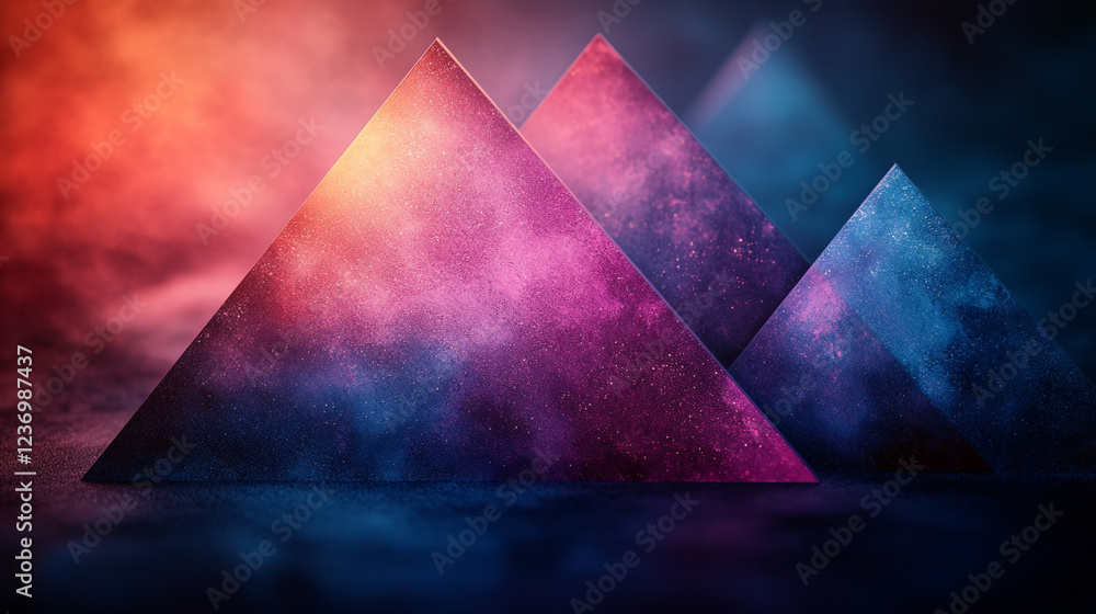 Poster colorful pyramids illuminated against a dark background create a surreal atmosphere