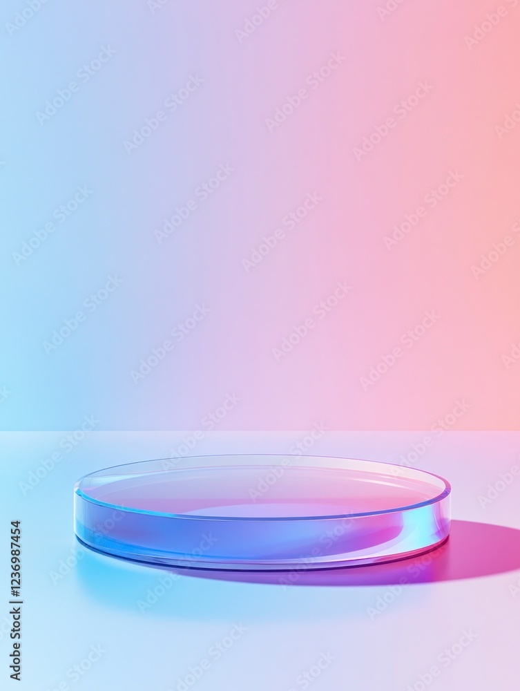 Wall mural A round glass podium set against a gradient background, a vector illustration in a colorful, minimalist style with blue and purple tones.