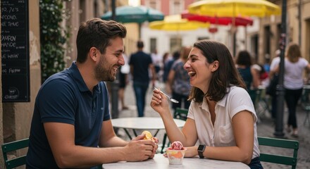 A couple sits at an outdoor table at a lively street café, surrounded by the hustle and bustle of the city
