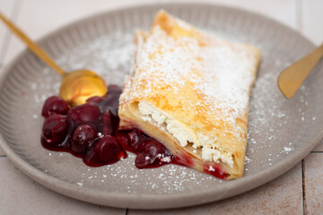 Pancakes with sweet cottage cheese and jam