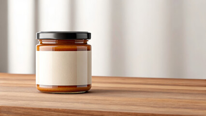 Sauce jar mockup with blank label on wooden surface