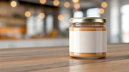 Sauce jar mockup with blank label on wooden table.