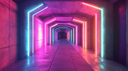 Fototapeta premium 360 panorama of an empty hallway with concrete arched ceiling and neon lighting vr environment map. 3D Illustration