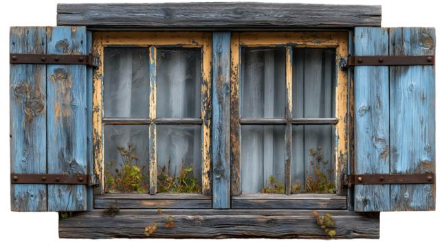 Weathered Blue Window Vintage Shutters, Aged Wood Frame for Exterior Decor, isolated on transparent background.